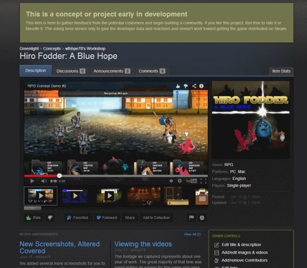 Steam Greenlight Concepts page for Hiro Fodder A Blue Hope