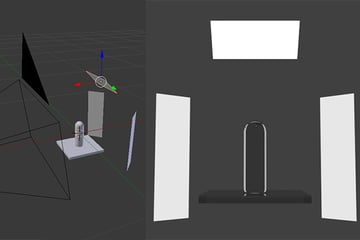 Setup on the left, render from camera's view on the right. Note where the highlights fall due to the curves of the bottle.