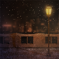 Erstellen Sie eine gemütliche, schneebedeckte Nachtszene mit Partikeleffekten