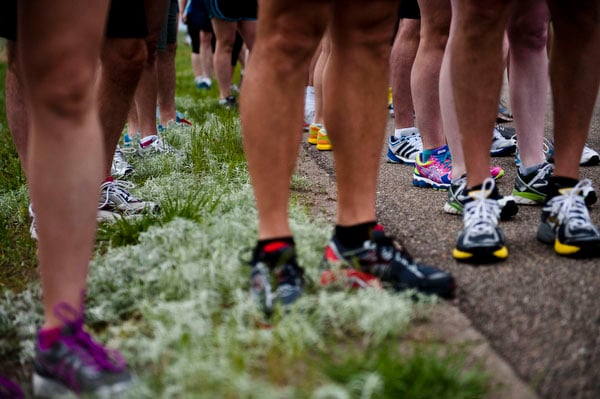 Runners line up in preparation for the half-marathon Saturday morning.