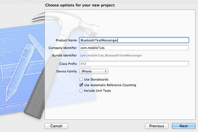 Bluetooth Connection: screenshot 2 of new project screen